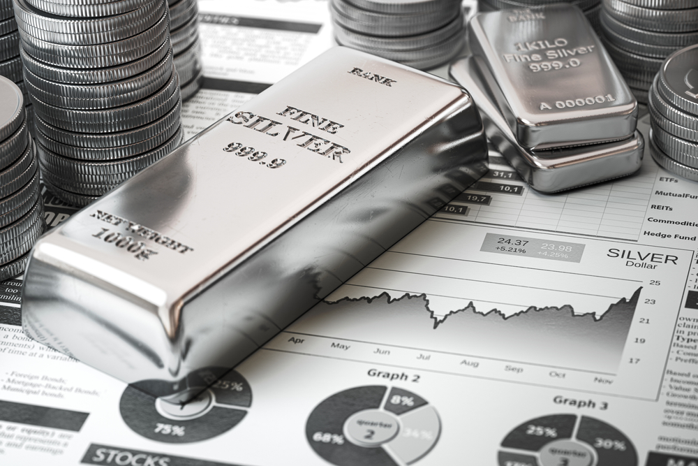 Silver bar, ingots and coins on financial report - Growth of silver on stock market concept