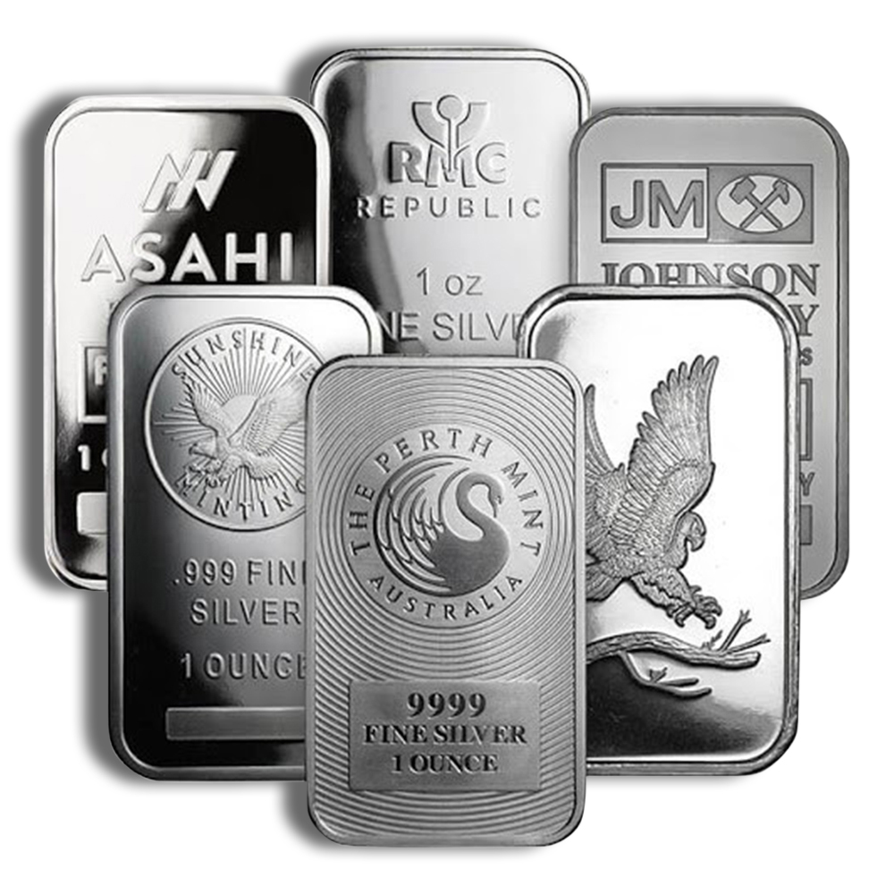 silver bars from all over the world standing side by side